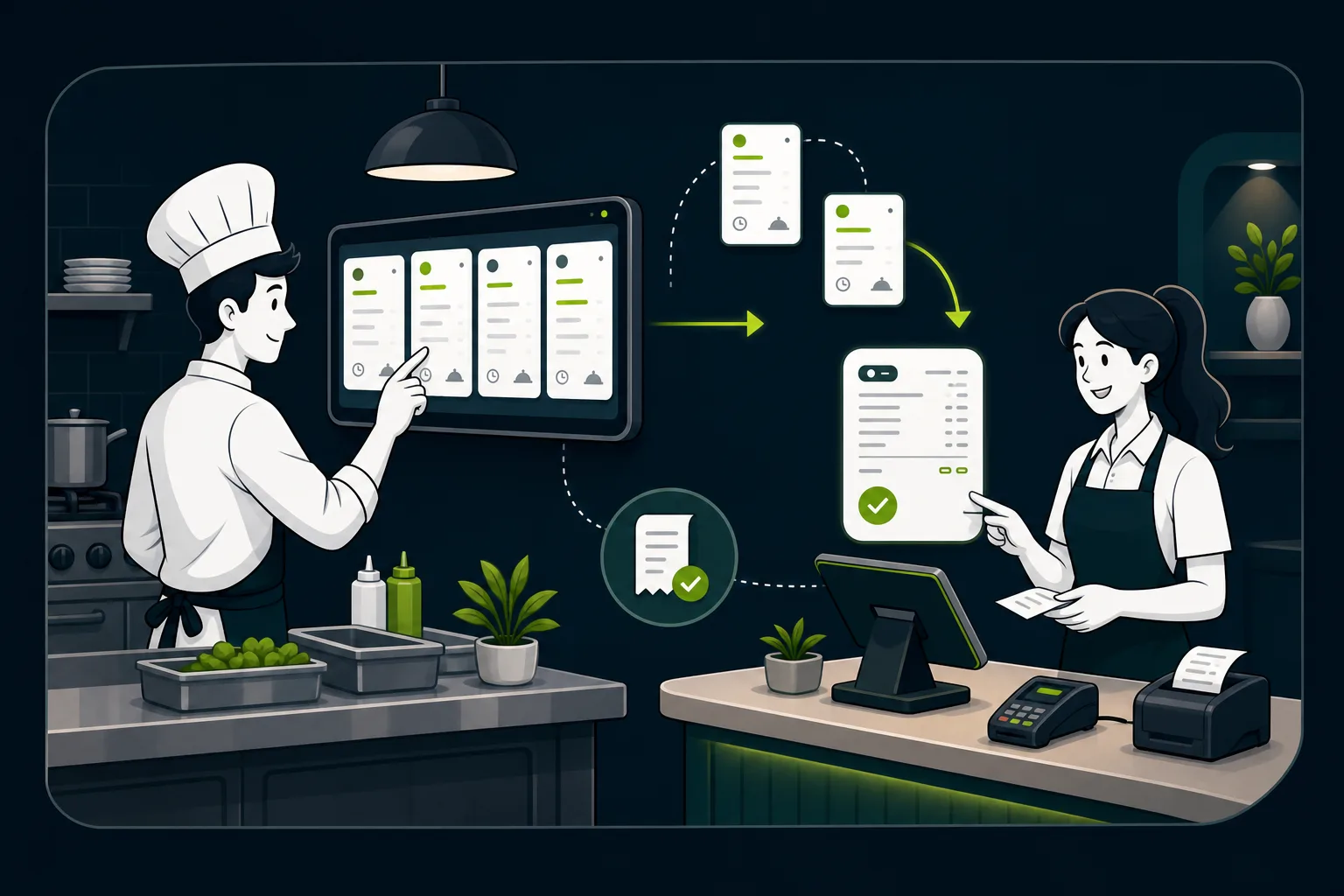 Chef and cashier using connected ScanFirst kitchen and billing screens