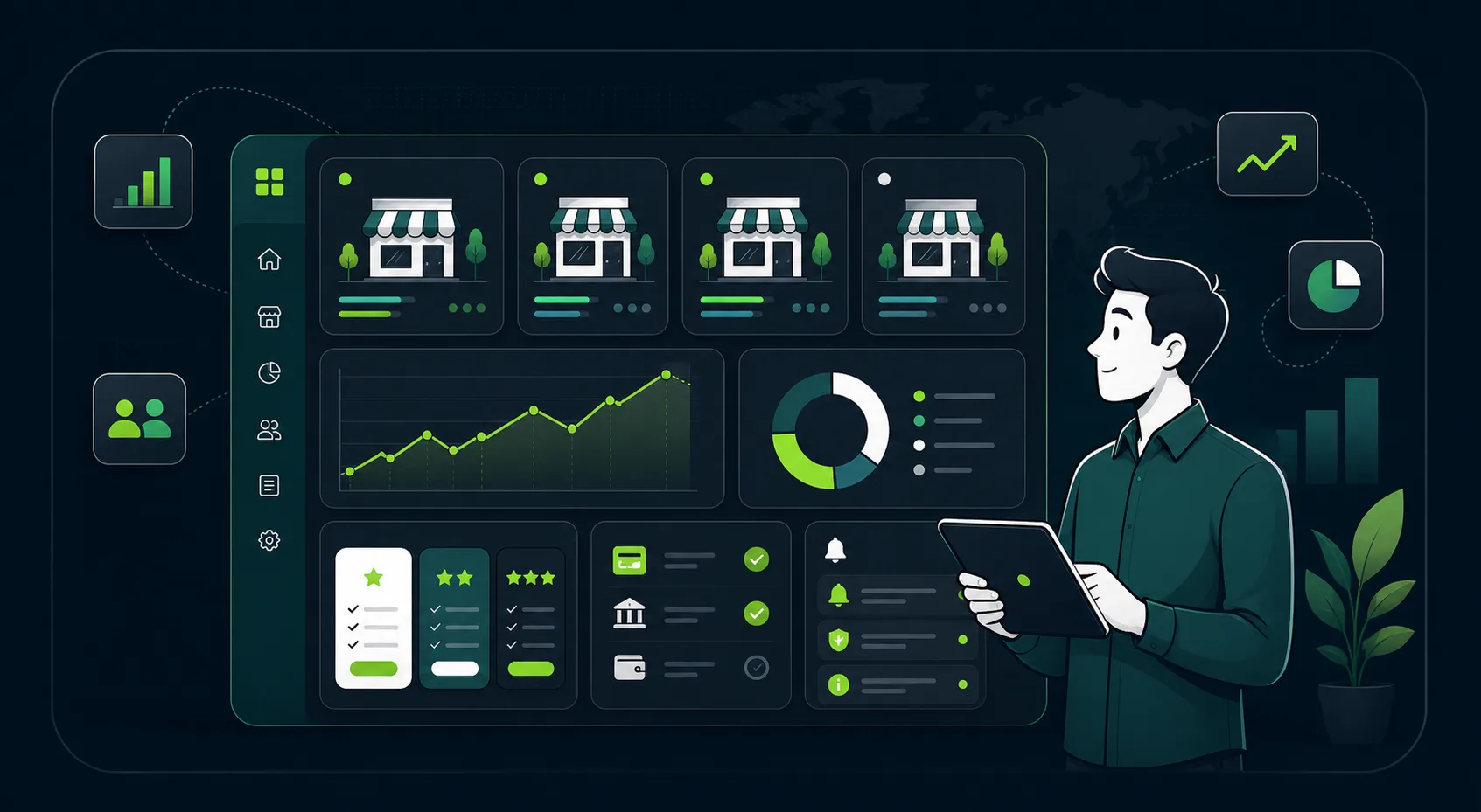 Restaurant owner reviewing multi-shop analytics and subscription health in ScanFirst