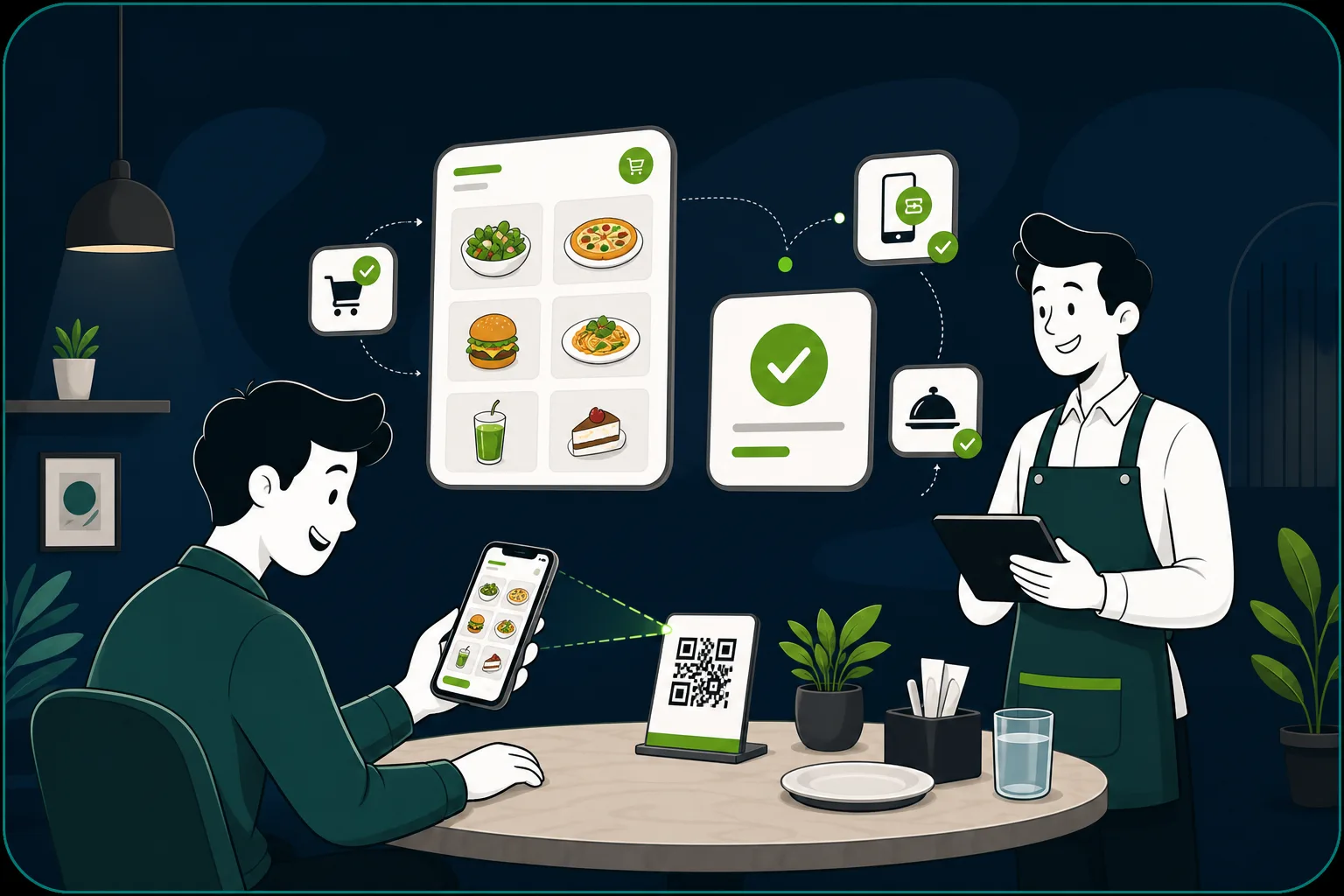 Guest scanning a QR menu while ScanFirst confirms the order flow